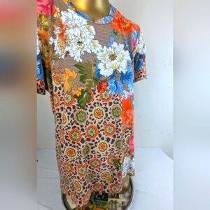 Johnny Was Los Angeles Brown White Red Blue Bamboo Blend Floral Blouse Medium